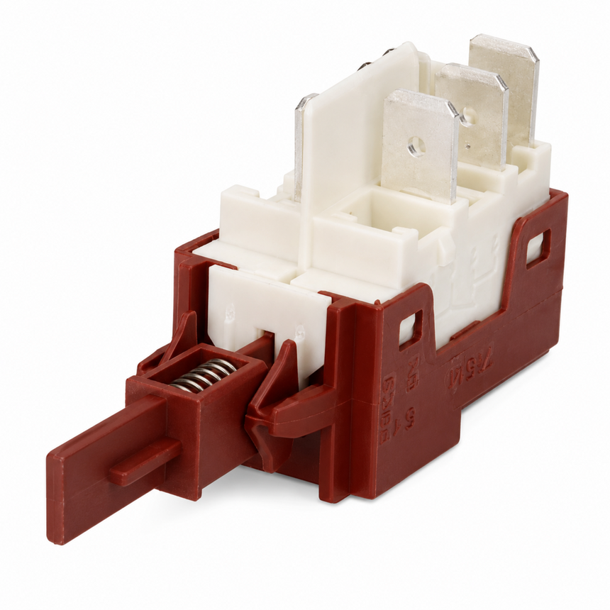 A small electrical relay or switch component with a reddish-brown plastic housing, white insulating body, and silver metal terminals, shown on a clean white background.