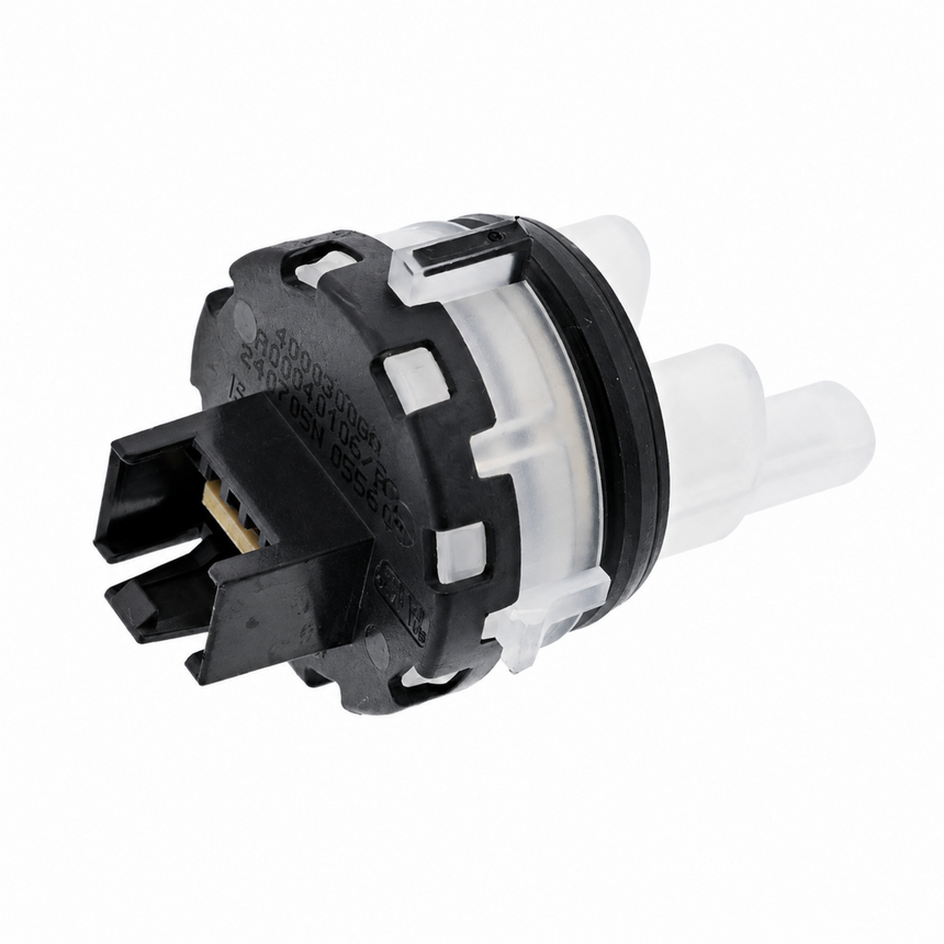 A black and clear plastic automotive fuel pump assembly with a small gold-toned connector, shown on a plain white background.