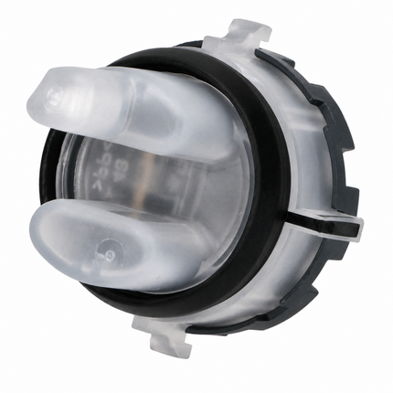 A plastic and rubber car door handle lock cylinder assembly, featuring translucent white plastic push buttons, a black rubber O-ring, and a silver-toned metal outer casing on a white background.