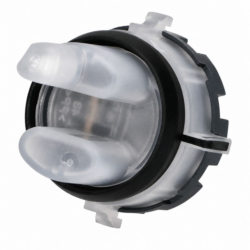 A plastic and rubber car door handle lock cylinder assembly, featuring translucent white plastic push buttons, a black rubber O-ring, and a silver-toned metal outer casing on a white background.