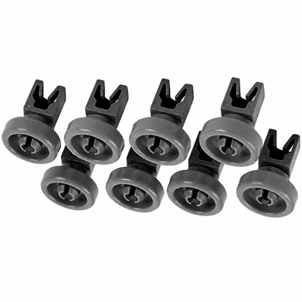 Set of eight gray plastic clips on a white background