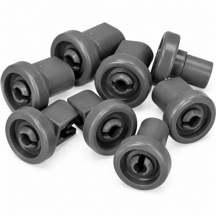 Set of gray plastic rollers on a white background