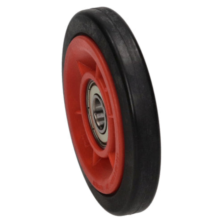 Wheel with red tire and black rim on a white background