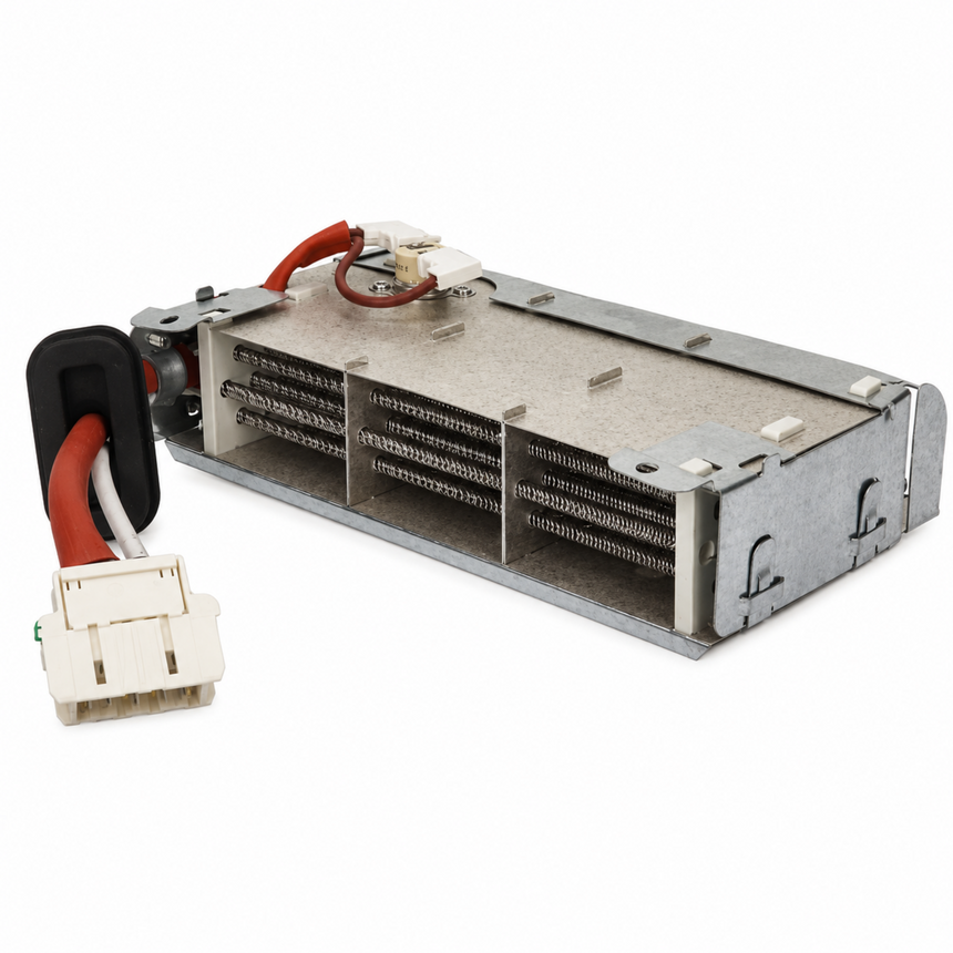 A replacement metal air handler or furnace component with a multi-channel heating element coil, featuring a white and red electrical connector plug, shown on a solid white background.