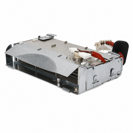 A metal electronic control module or sensor component with a silver-gray chassis, featuring red and black wire connectors and a white plastic component, isolated on a white background.