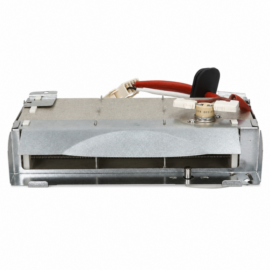 A metal appliance replacement part, likely a burner assembly or heating element component, featuring a silver aluminum body, a red wire, a black plastic component, and a brass valve connector, shown against a plain white background.