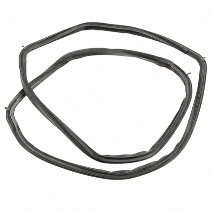 A set of four black rubber door seal gaskets arranged in a loose spiral on a plain white background.