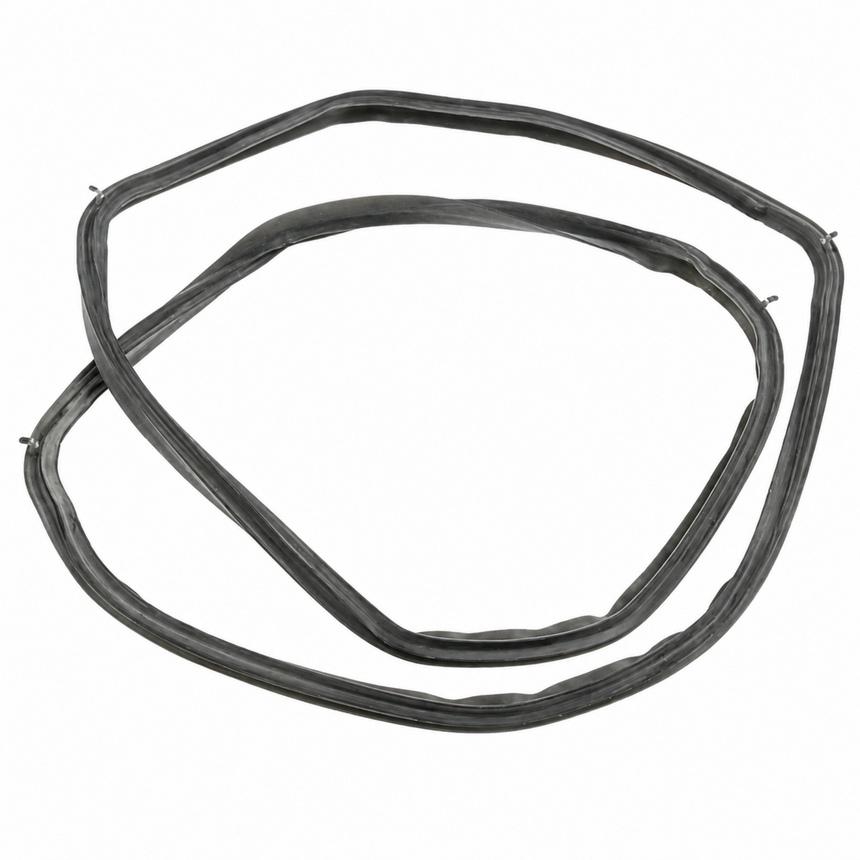 A set of four black rubber door seal gaskets arranged in a loose spiral on a plain white background.