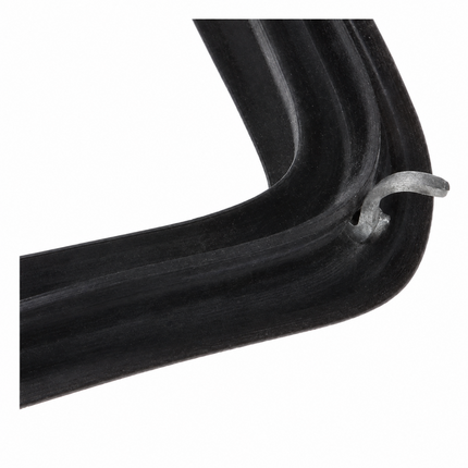 Close-up of a black rubber weatherstrip or gasket with a silver metal hook or release tab visible at the corner, shown on a plain white background.