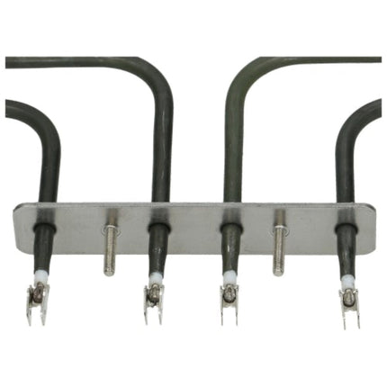 A 5-heater electric radiant heating element assembly with a silver metal plate, black insulated tubes, and silver terminal connectors on a white background.