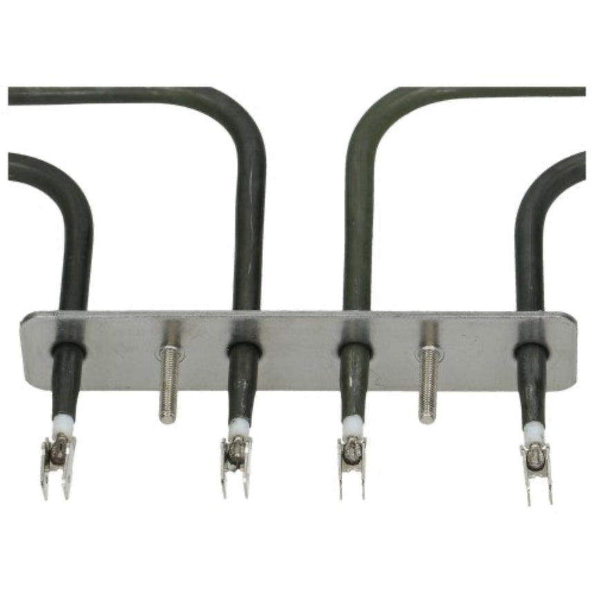 A 5-heater electric radiant heating element assembly with a silver metal plate, black insulated tubes, and silver terminal connectors on a white background.