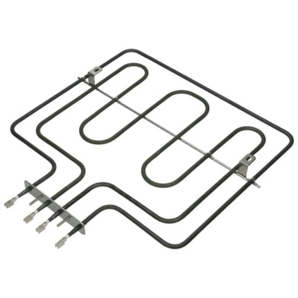 A replacement oven heating element coil with a black insulated loop and silver metal terminals and mounting brackets, shown on a plain white background.