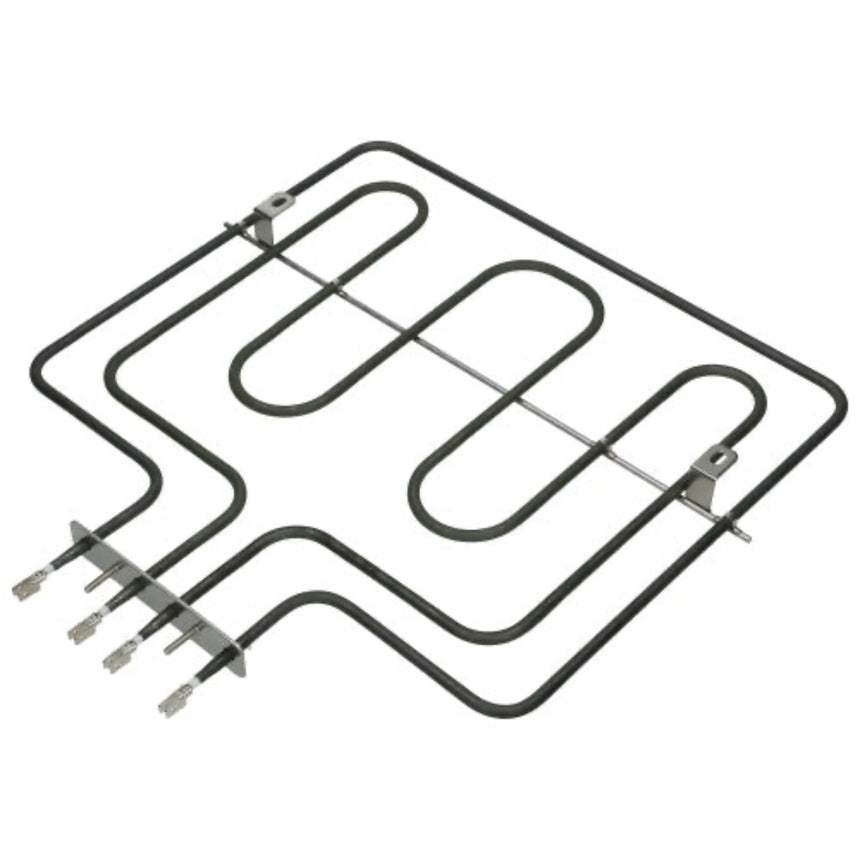A replacement oven heating element coil with a black insulated loop and silver metal terminals and mounting brackets, shown on a plain white background.