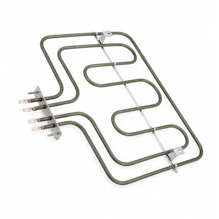 A replacement oven or refrigerator coil heating element with a dark gray metallic tube and silver metal mounting brackets and terminal ends, shown on a plain white background.