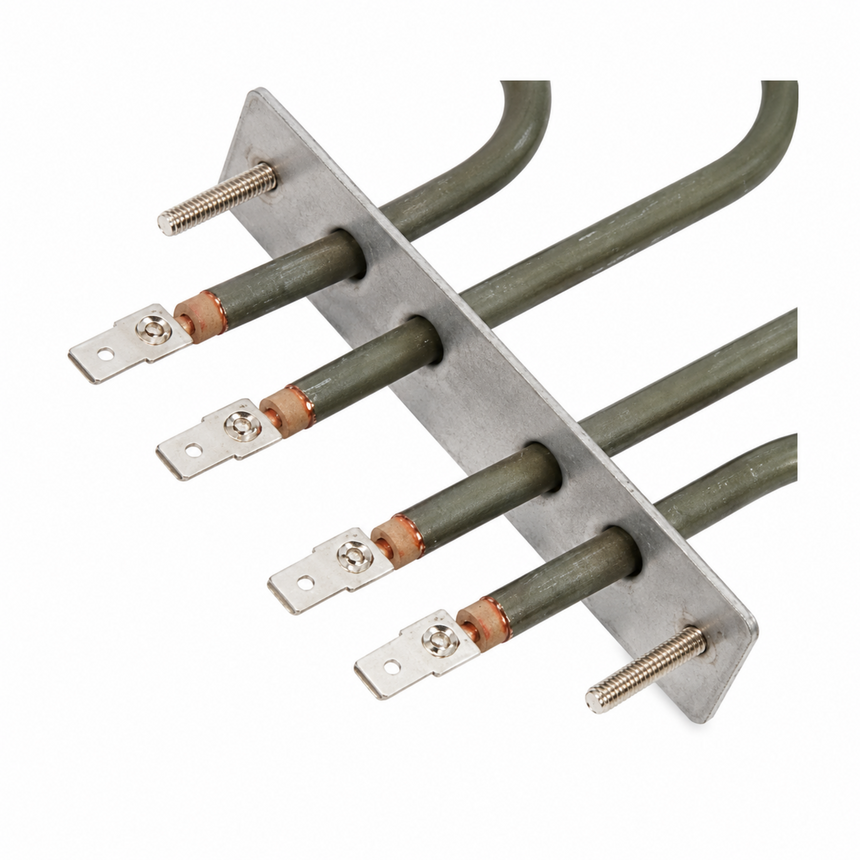 Four heating elements with olive green ceramic insulation, copper-colored terminal bands, and silver metal screw terminals on a rectangular metal plate, shown on a white background.