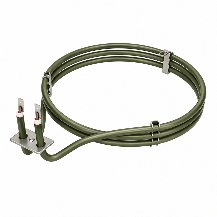 An olive green electric coil heating element with two metal terminal leads and mounting plates, coiled on a white background.