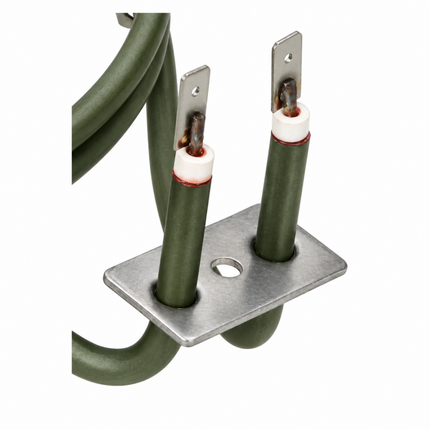 A close-up of a metal heating element assembly with olive green tubes, silver terminal plates, white insulators, and a silver mounting plate on a white background.