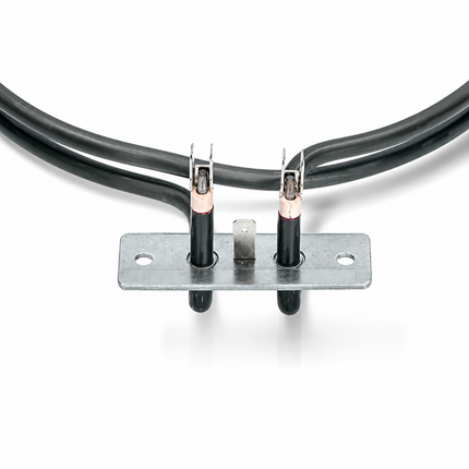 Replacement oven fan heating element close-up with mounting bracket and terminals, suitable for selected Electrolux, Zanussi and AEG fan oven models.
