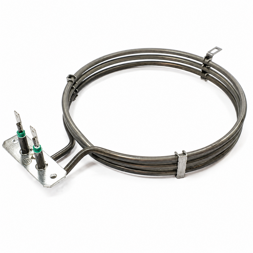 Replacement circular fan oven heating element suitable for selected Electrolux, Zanussi and AEG ovens with metal mounting bracket and electrical terminals.