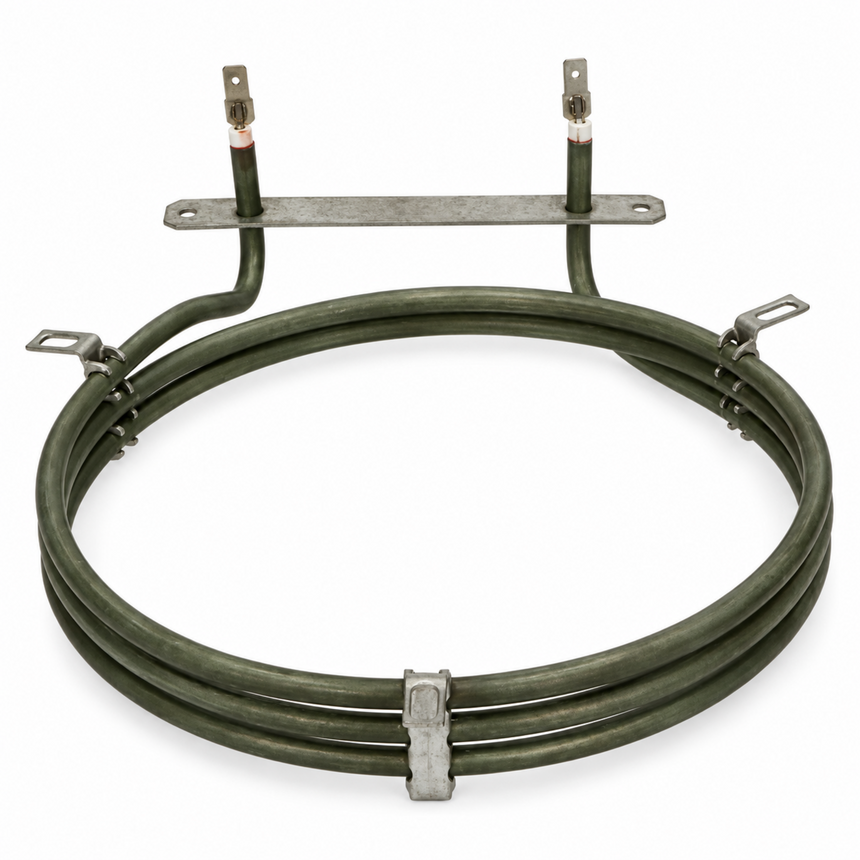 A dark green coiled heating element with silver metal terminal bars and mounting clips, shown on a plain white background.