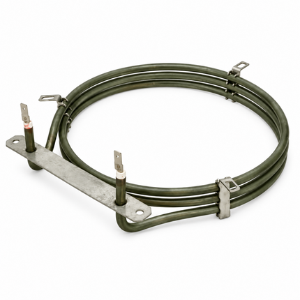 A coiled electric heating element with a flat metal mounting plate and three terminal posts, shown on a plain white background.