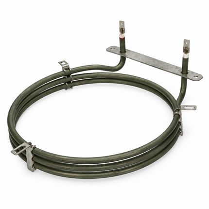 A replacement electric coil heater with a dark green insulated coiled tube and silver metal terminal brackets, shown on a plain white background.
