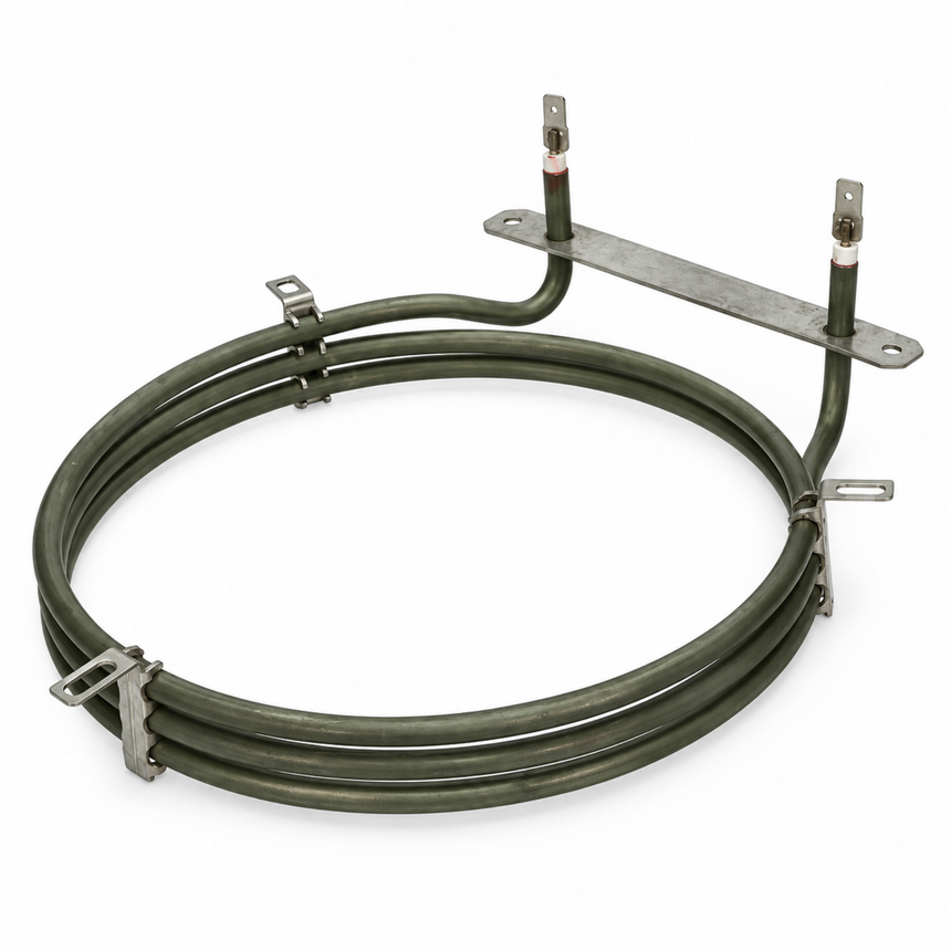 A replacement electric coil heater with a dark green insulated coiled tube and silver metal terminal brackets, shown on a plain white background.