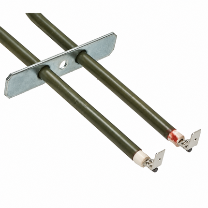 Two dark olive green heating elements with metal mounting brackets and terminal caps, shown on a plain white background.