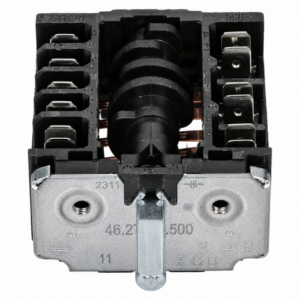 Front view of oven selector switch showing metal face plate, control shaft and connector terminals