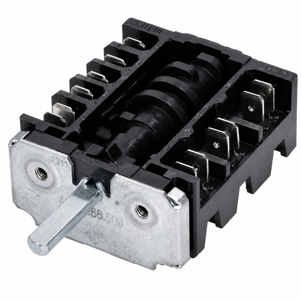Oven selector switch with black housing, metal mounting plate and multiple electrical terminals