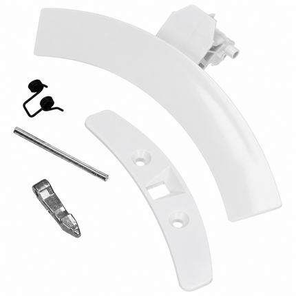White plastic components with metal parts on a white background