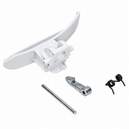 White plastic window screen frame mounting bracket with a silver metal rod, silver bracket piece, and two black rubber grommets, shown on a white background.