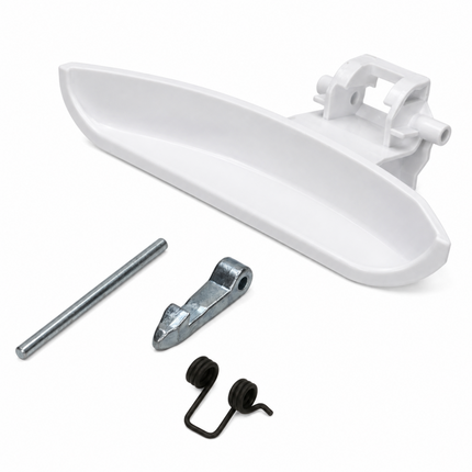 A white plastic replacement door handle trim piece shown with mounting hardware, including a silver metal rod, a galvanized metal bracket, and two black rubber grommets, on a clean white background.