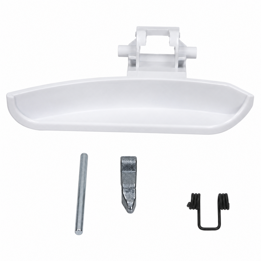 A white plastic car window trim piece with a mounting bracket, shown with three small hardware components on a plain white background.