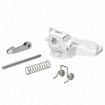 A set of small mechanical parts including a white plastic lever, silver metal springs, a metal rod, and a metal clip, arranged on a plain white background.