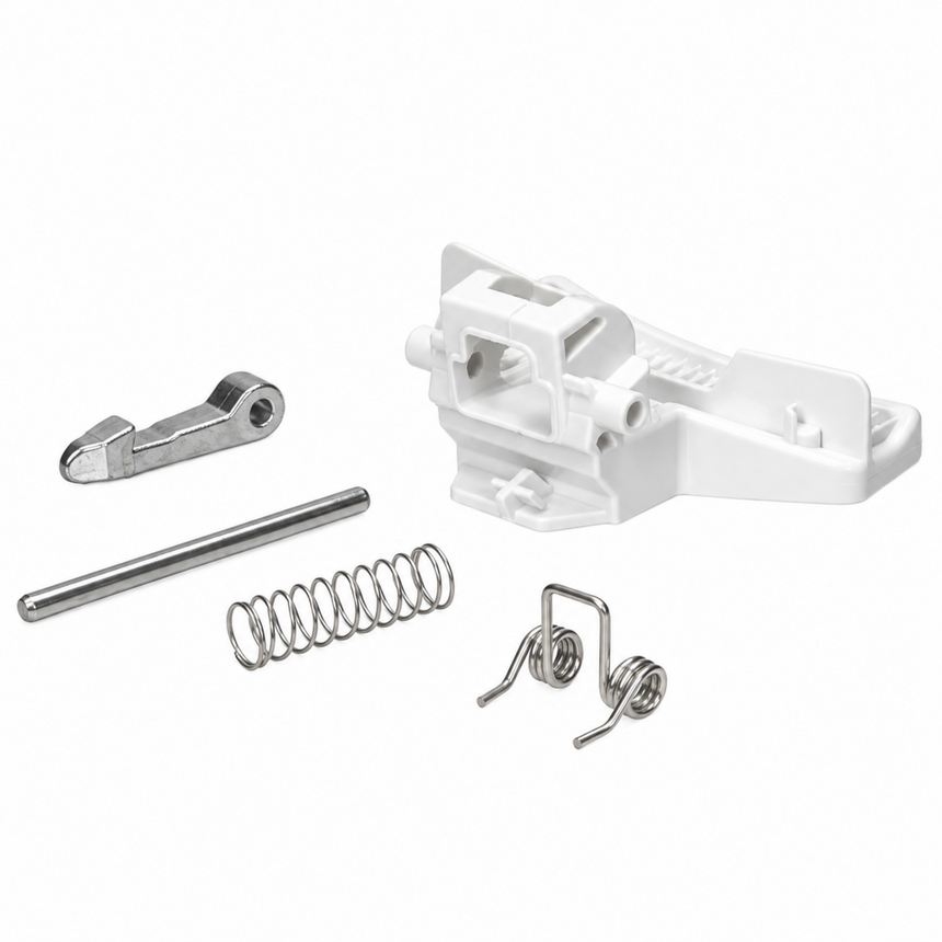 A set of small mechanical parts including a white plastic lever, silver metal springs, a metal rod, and a metal clip, arranged on a plain white background.