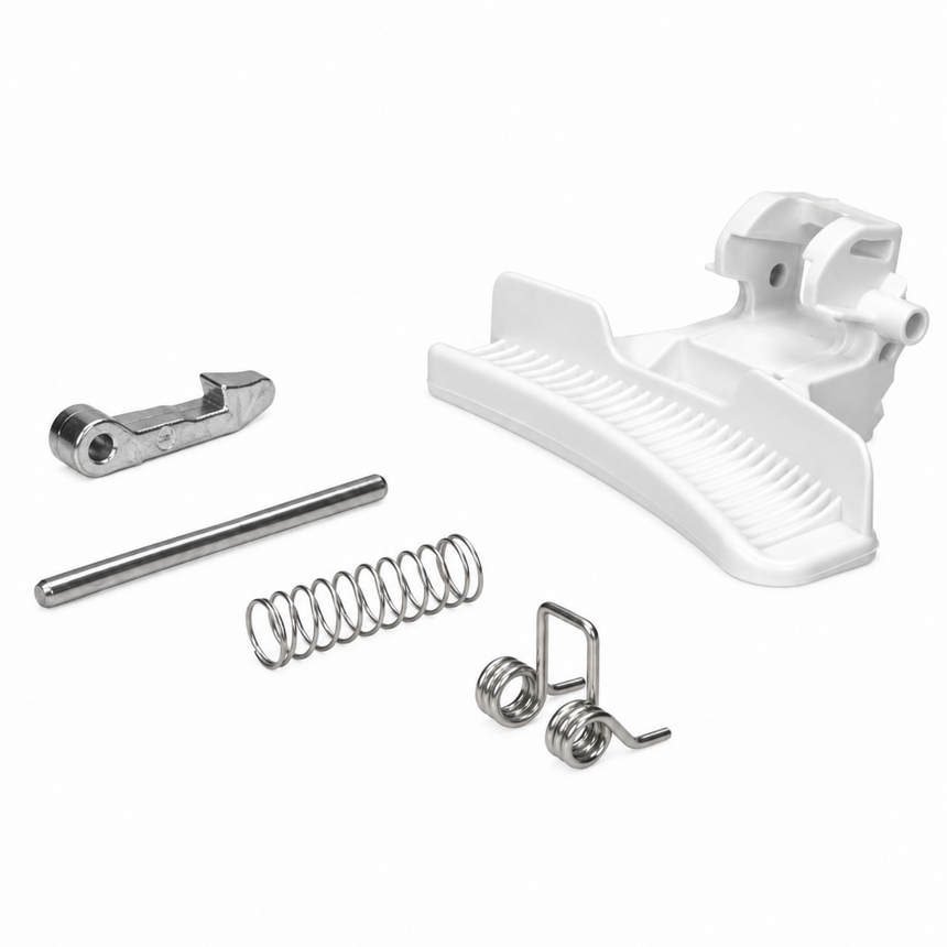 A mechanical parts kit containing a white plastic clip, a white textured bracket, and several silver metal springs, rods, and clips, arranged on a plain white background.