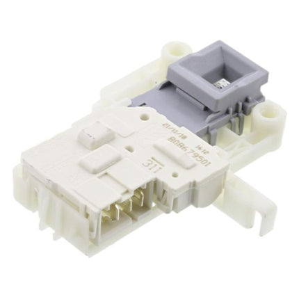 Electrical connector with white and gray components on a white background
