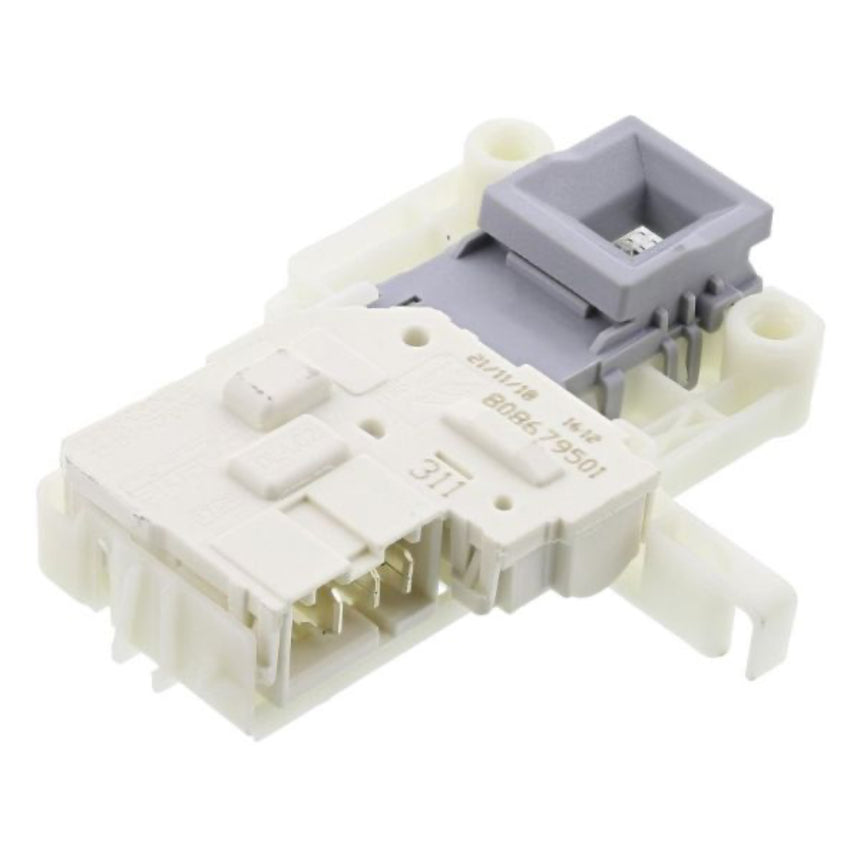 Electrical connector with white and gray components on a white background