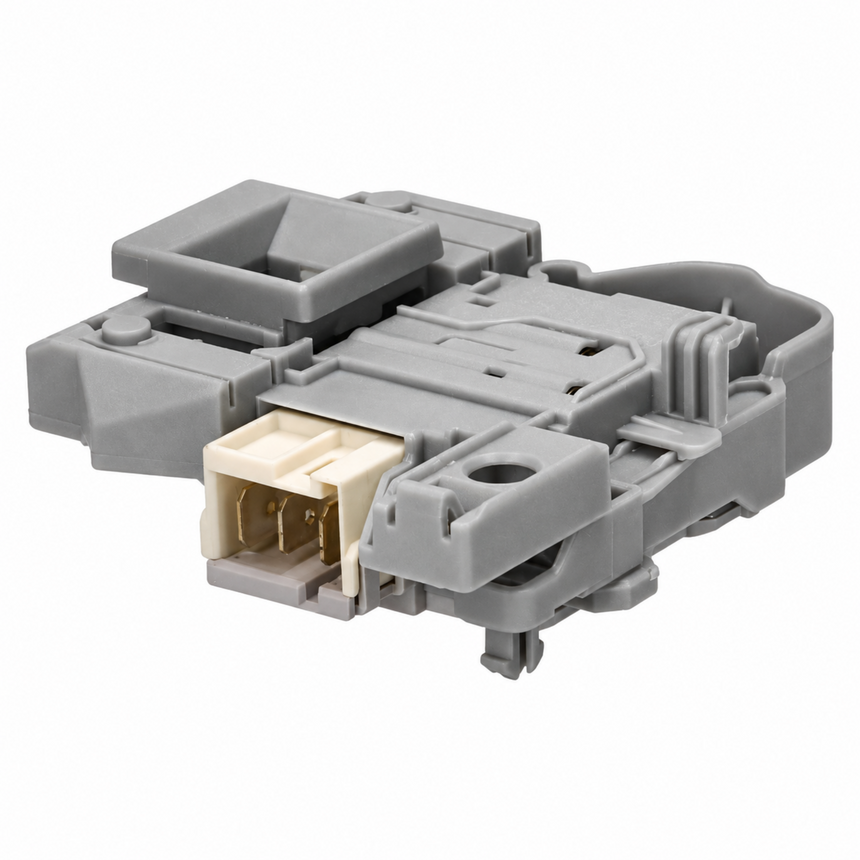 A gray plastic mechanical component, likely a sensor, switch, or connector module, featuring a beige female plug socket with gold-toned metal contacts, shown on a solid white background.