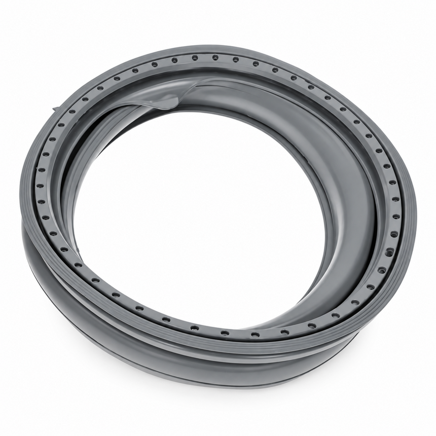 A dark gray circular rubber gasket or seal with a series of evenly spaced small holes around the inner edge, shown on a clean white background.