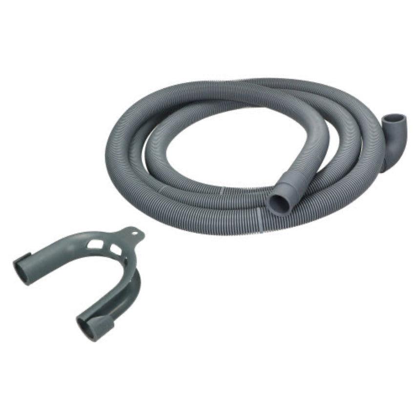 A gray corrugated flexible hose with two connectors, shown alongside a matching gray plastic bracket on a plain white background.