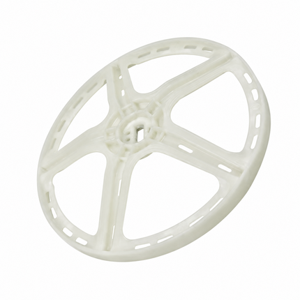 A white plastic circular wheel or spool-like component with five radiating spokes and small cutouts along the outer edge, shown on a plain white background.