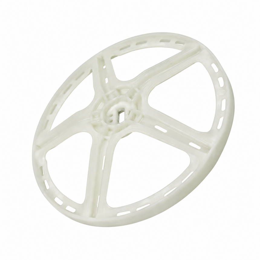 A white plastic circular wheel or spool-like component with five radiating spokes and small cutouts along the outer edge, shown on a plain white background.