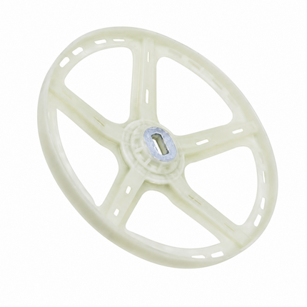 A translucent off-white plastic wheel or hub with five spokes and a small silver metal keyhole-shaped center, shown on a plain white background.