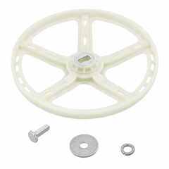 An off-white plastic wheel assembly with a five-spoke design, shown with its mounting hardware including a bolt, washer, and spring clip on a solid white background.