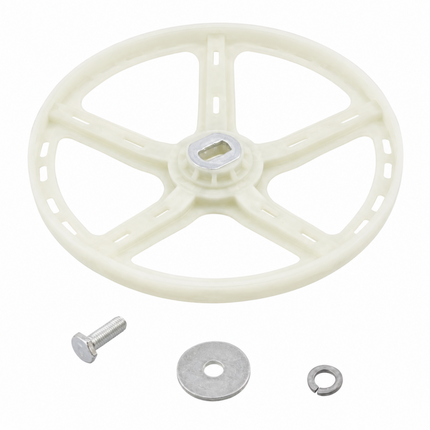 An off-white plastic wheel assembly with a five-spoke design, shown with its mounting hardware including a bolt, washer, and spring clip on a solid white background.