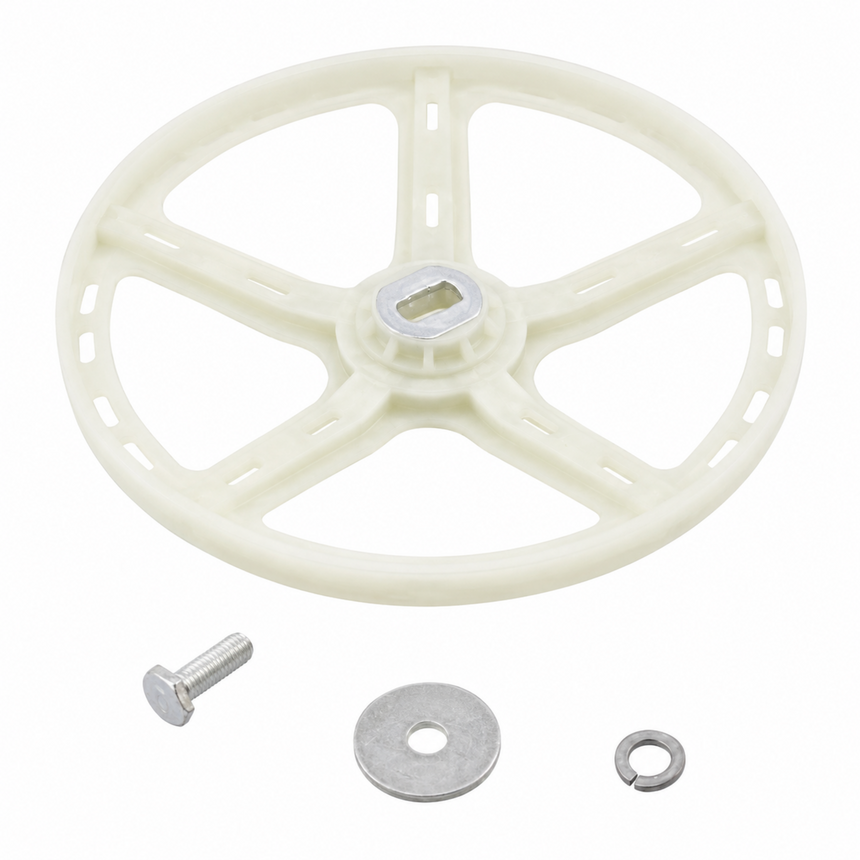 An off-white plastic wheel assembly with a five-spoke design, shown with its mounting hardware including a bolt, washer, and spring clip on a solid white background.