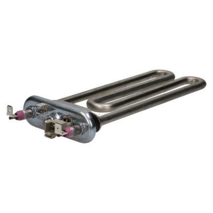 A stainless steel electric heating element coil with two pink ceramic end tips and metal terminal connectors, isolated on a white background.