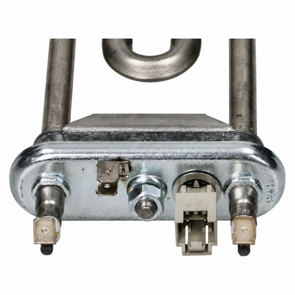A galvanized steel electric heating element assembly with two vertical tubes, a top loop, a central terminal, and a small connector, shown on a white background